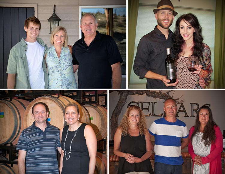 Among the state's newer wineries participating at the inaugural event are (clockwise, from top left): Ethen Warren, Danette and Phil Warren of Tucannon Winery; Kyle and Cassie Welch of Longship Cellars; Gina Royer-Adams, Flint Nelson and Carolina Warwick of Wit Cellars; Mike Methany and Lisa Swei of Three of Cups.