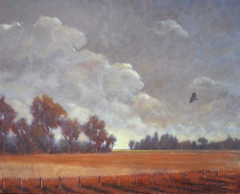 Oil painting, "Leonetti Vineyard, Red-Tailed Hawk"