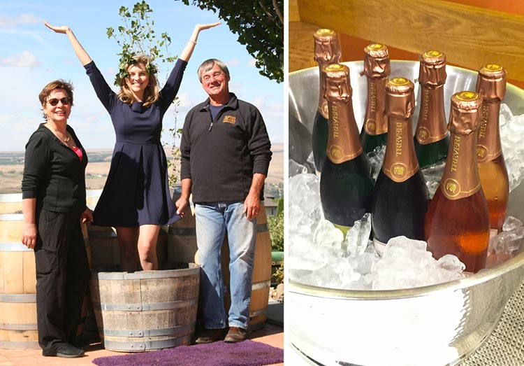 (Left) Stomp grapes at Tapteil Vineyard Winery during Catch the Crush weekend with owners Larry and Jane Pearson. (Right) Treveri Cellars is offering 15% discounts on any case purchased during by Premier Pass holders during the event weekend.