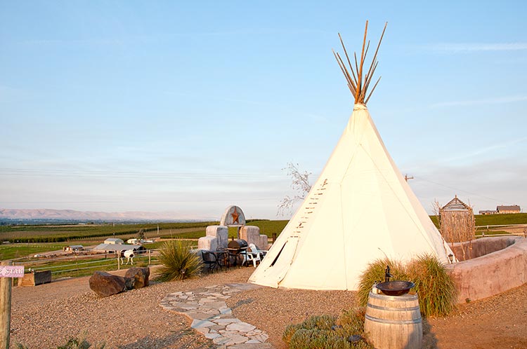 The Lone Star teepee at Cherry Wood B&B offers vineyard and orchard vistas across the Yakima Valley